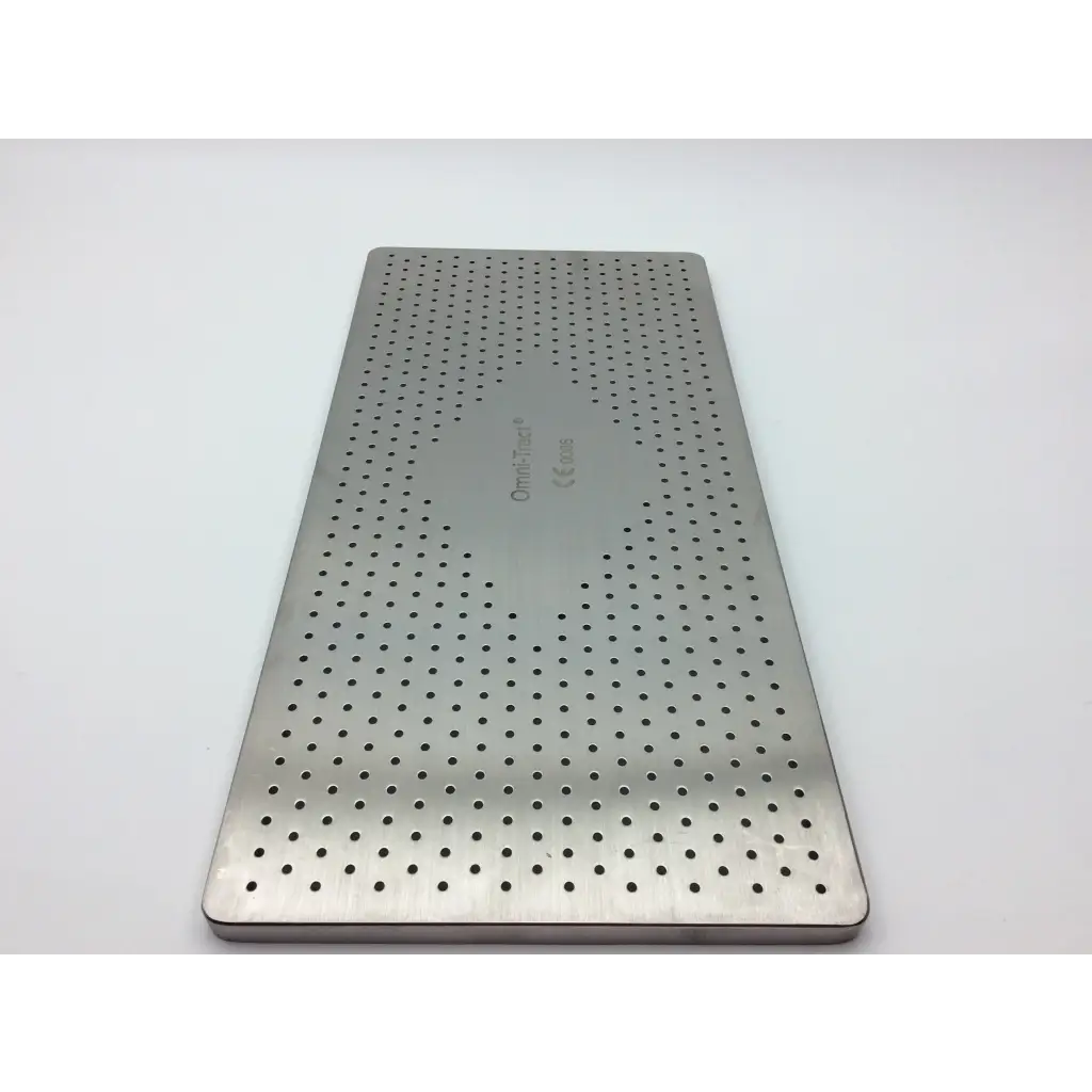 Silver perforated stainless steel surgical tray with brushed finish for omni-tract autoclave storage case use