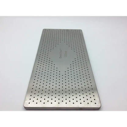 Silver perforated stainless steel surgical tray with brushed finish for omni-tract autoclave storage case use