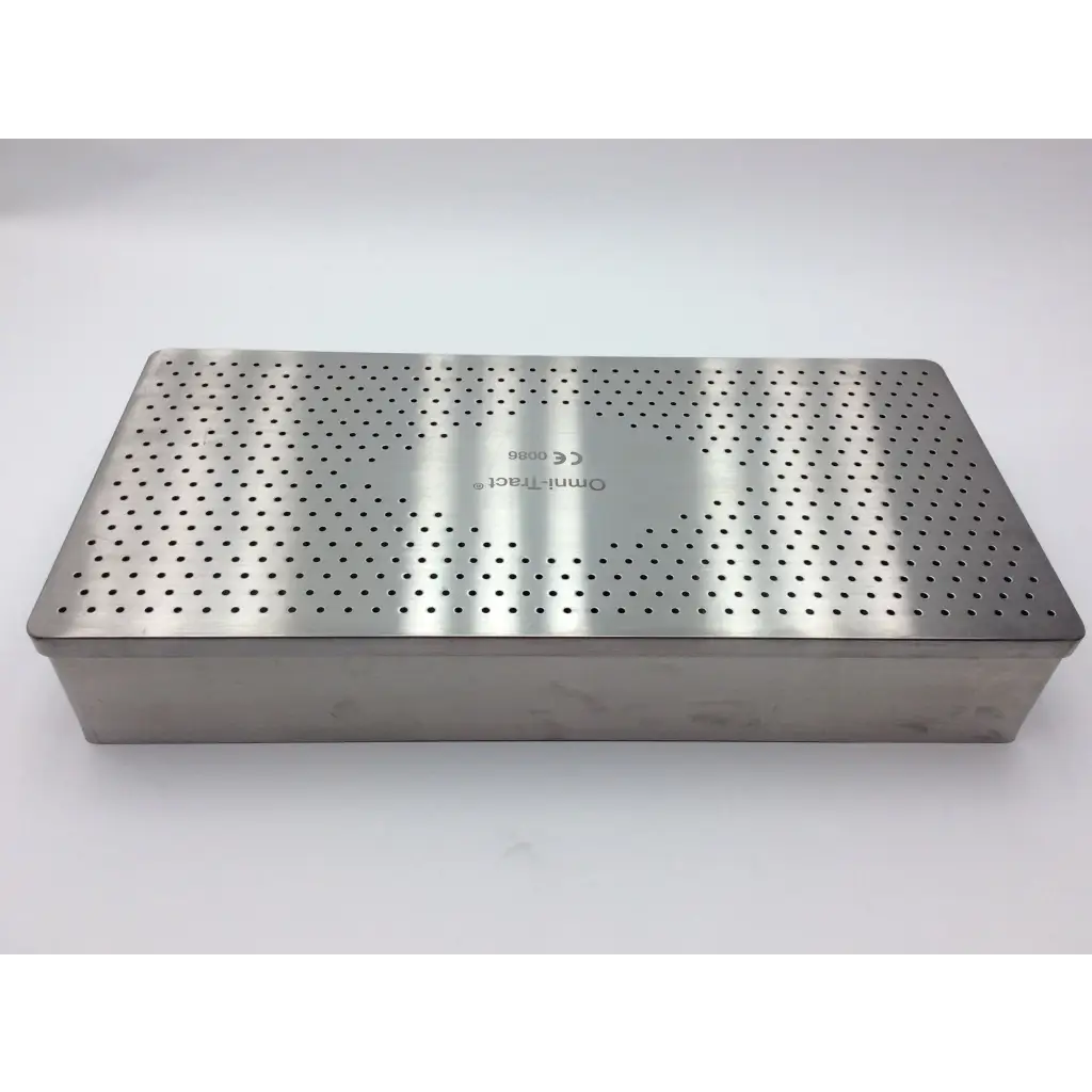 Stainless steel rectangular autoclave storage case tray with perforated top surface and engraved Omni-Tract branding