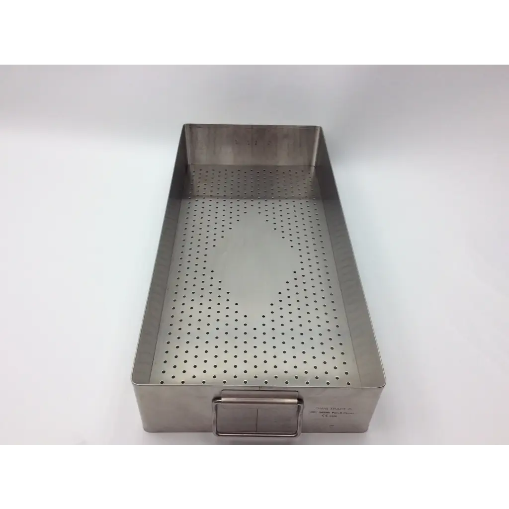 Rectangular stainless steel surgical tray with perforated surface and handle for autoclave storage case use