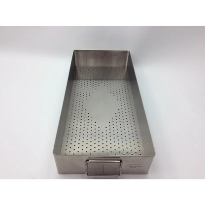 Rectangular stainless steel surgical tray with perforated surface and handle for autoclave storage case use