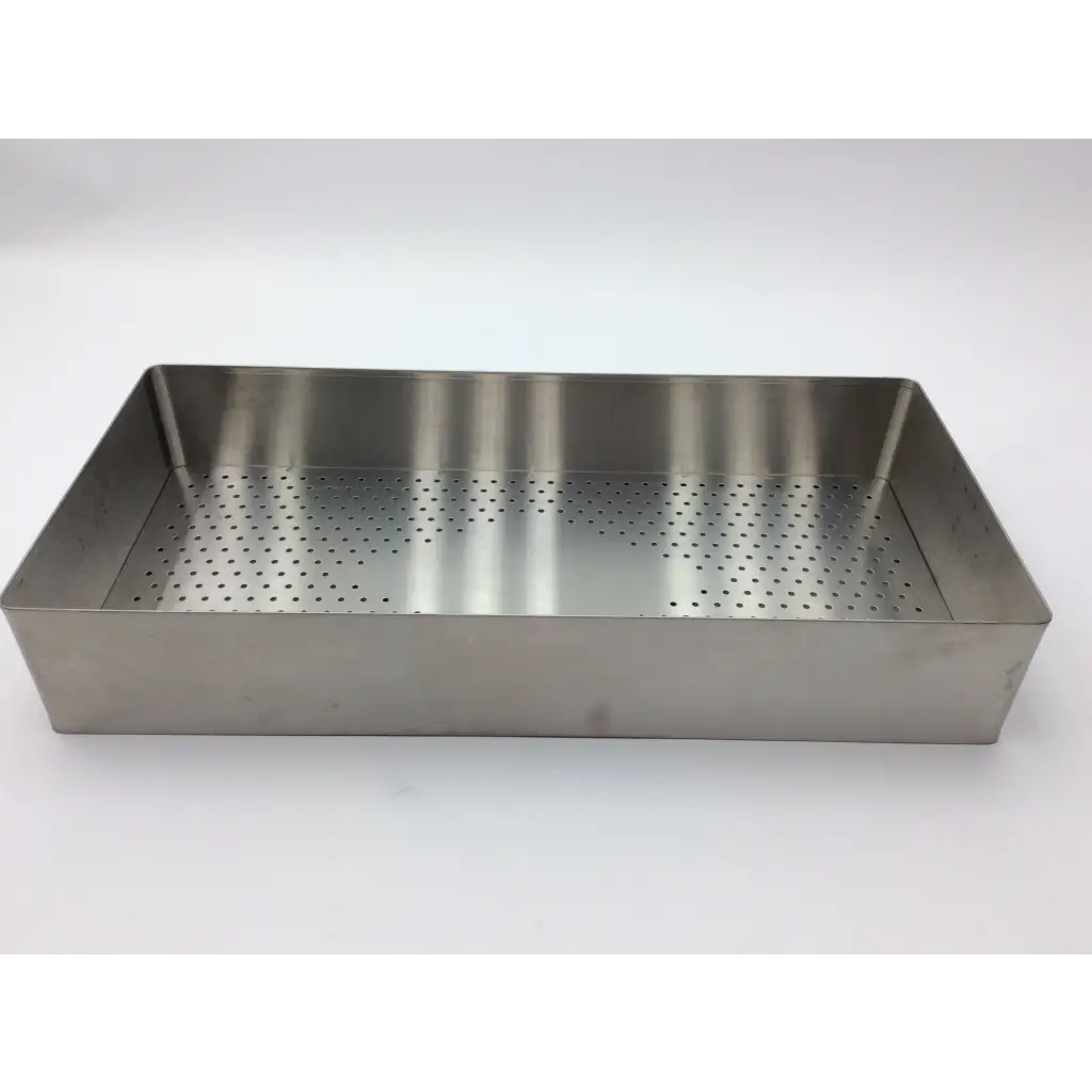 Rectangular stainless steel autoclave storage case with a perforated bottom for efficient autoclave storage