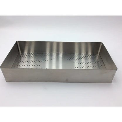Rectangular stainless steel autoclave storage case with a perforated bottom for efficient autoclave storage