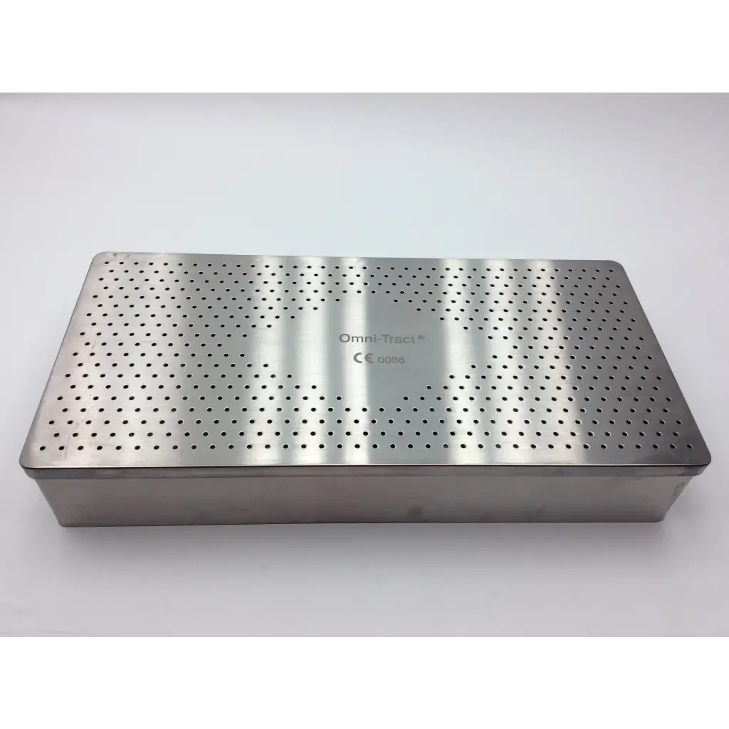 Stainless steel rectangular autoclave storage case with perforated lid and engraved omni-tech branding for surgical tools