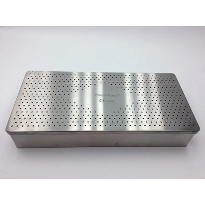 Stainless steel rectangular autoclave storage case with perforated lid and engraved omni-tech branding for surgical tools