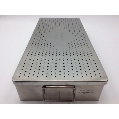Silver stainless steel surgical instrument tray with perforated lid and handle in omni-tract autoclave storage case
