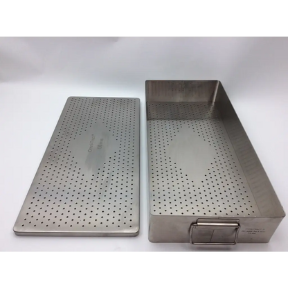 Stainless steel omni-tract autoclave storage case with perforated surface and hinged lid for surgical instrument storage
