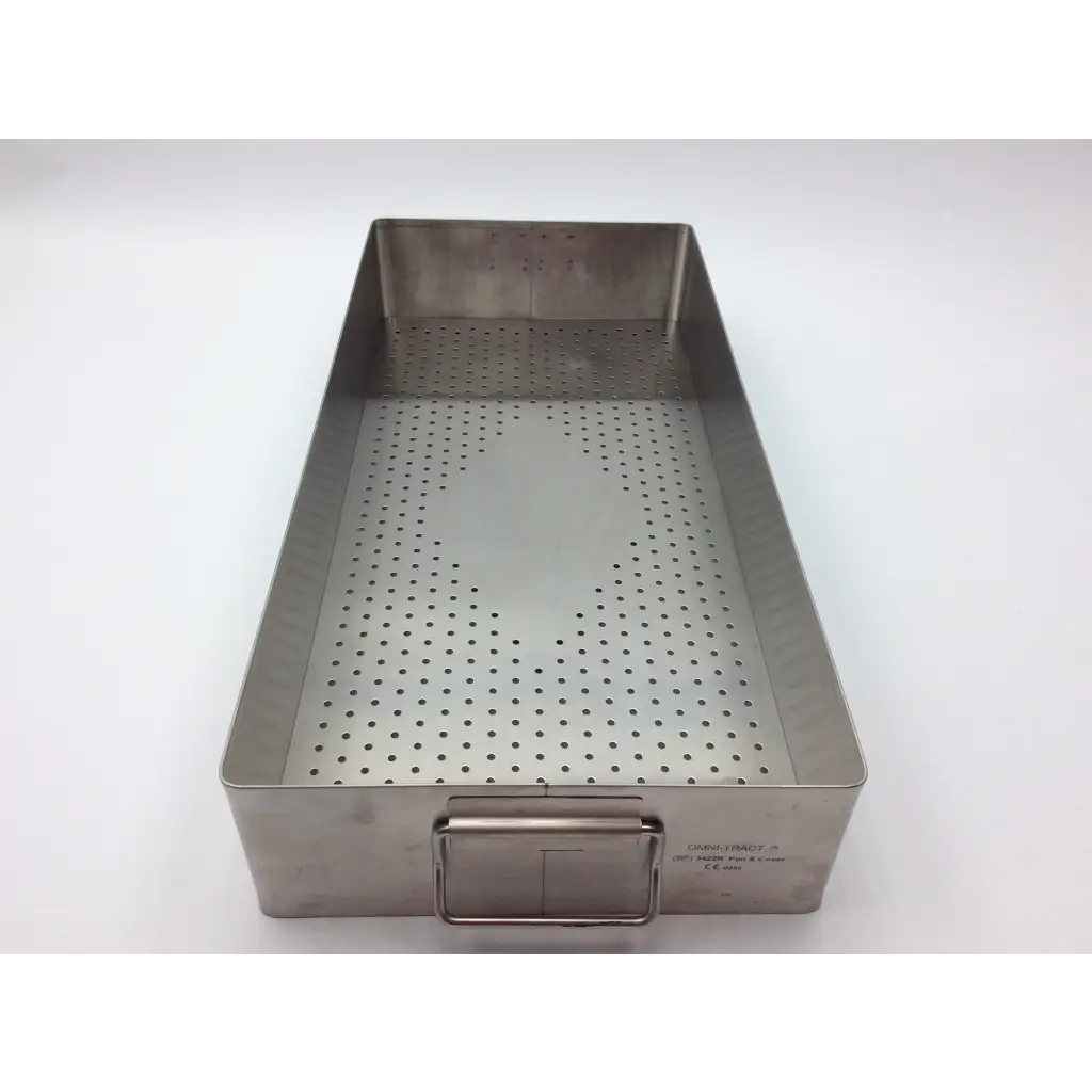 Omni-Tract autoclave storage case rectangular stainless steel tray with perforated bottom and latch closure