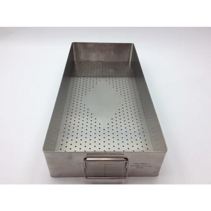 Omni-Tract autoclave storage case rectangular stainless steel tray with perforated bottom and latch closure
