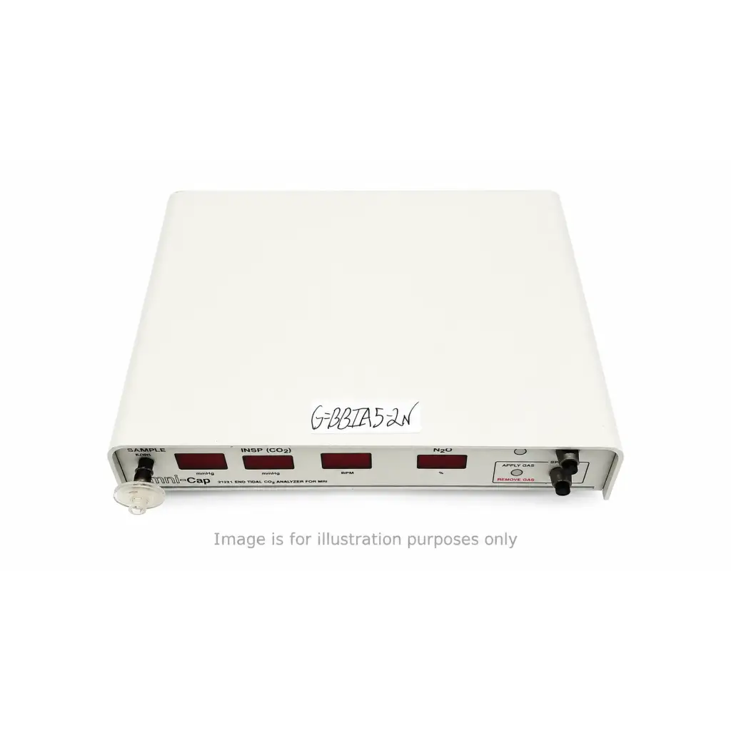 White rectangular omni-trak 3112-1 end-tidal co2 analyzer with black ports and red lights for mri use labeled mini-cap