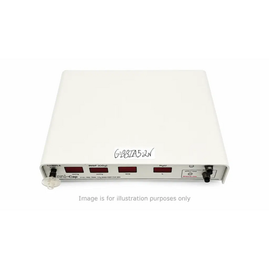 Omni-Trak 3112-1 refurbished white rectangular end-tidal co2 analyzer with black ports and red indicator lights for MRI use