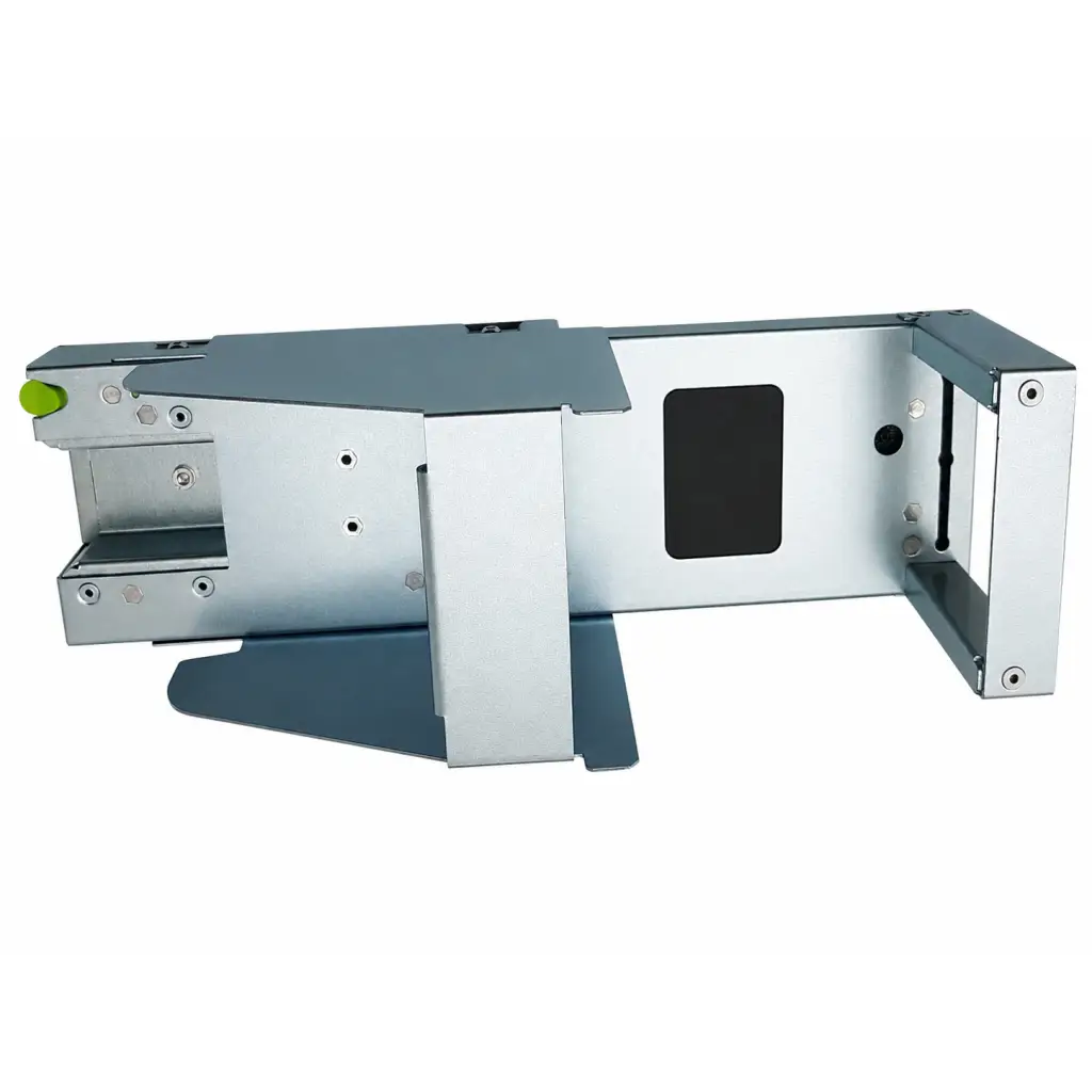 Silver metallic omnicell oral solid dispenser stand with green button and black rectangular cutouts for solid dispenser use