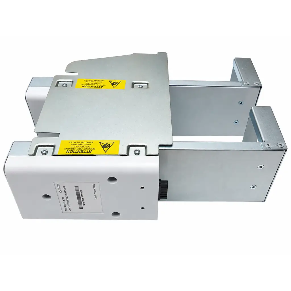 Silver metallic biomed certified omnicell 14-12010 oral solid double dispenser with yellow warning labels and barcode sticker