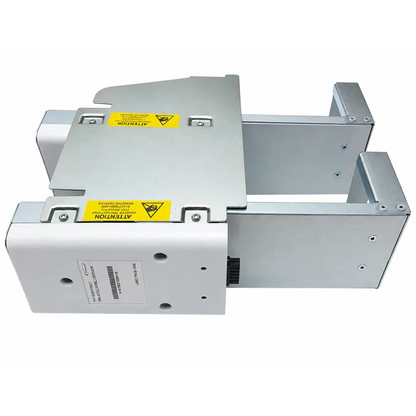 Silver metallic biomed certified omnicell 14-12010 oral solid double dispenser with yellow warning labels and barcode sticker