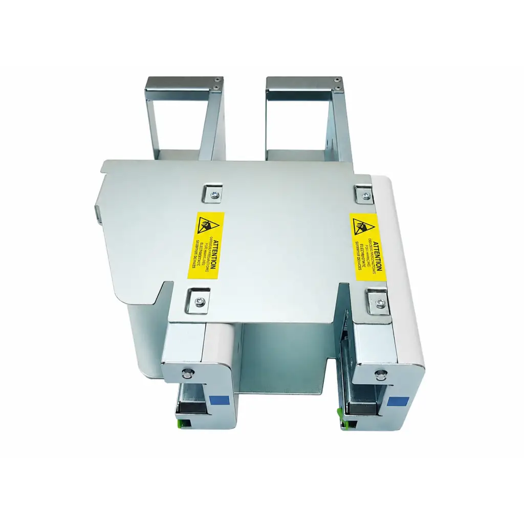 Silver metallic industrial cable management clamp with yellow warning labels on biomed certified omnicell oral solid double dispenser