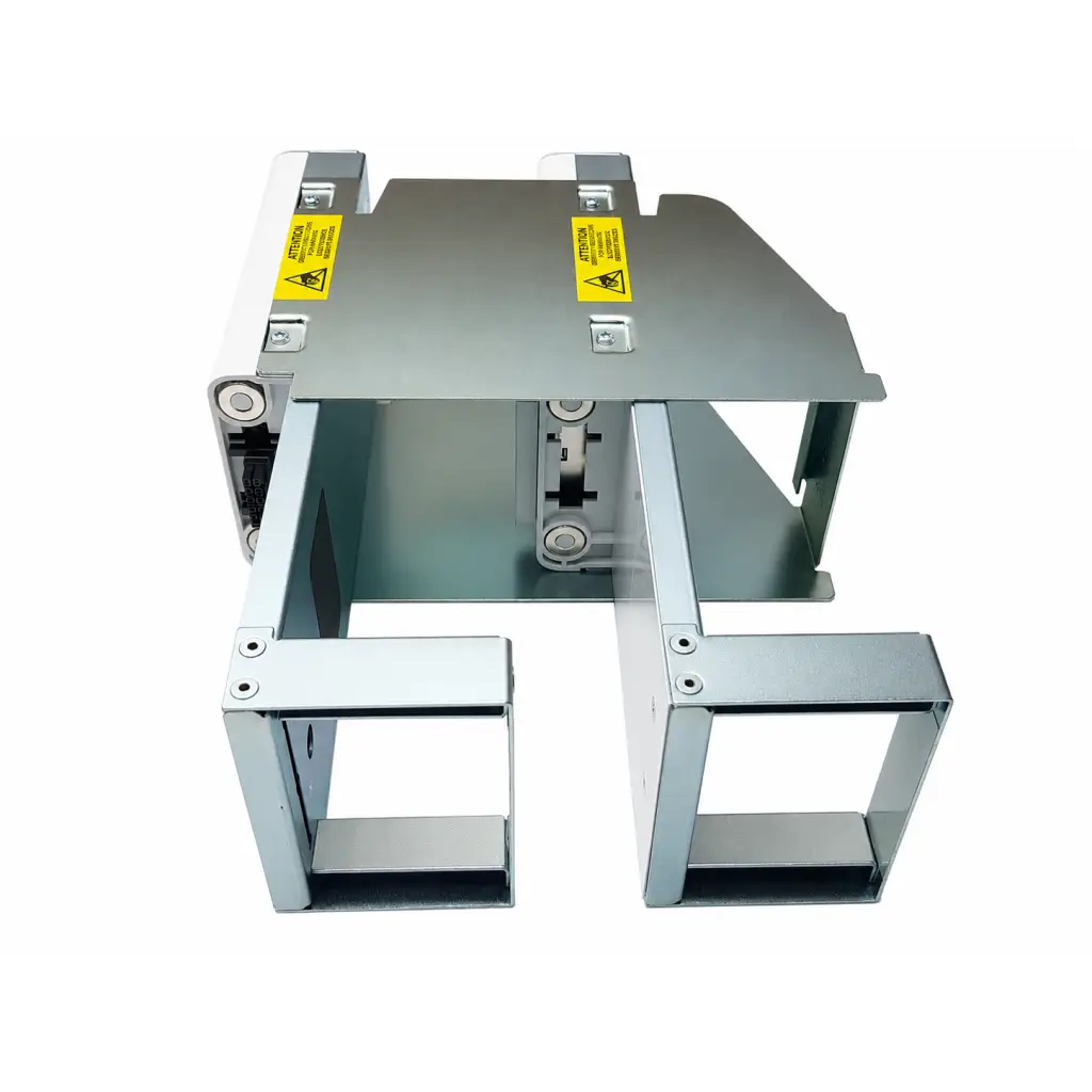 Silver metallic drawer slide mechanism with yellow warning labels on the biomed certified omnicell oral solid double dispenser