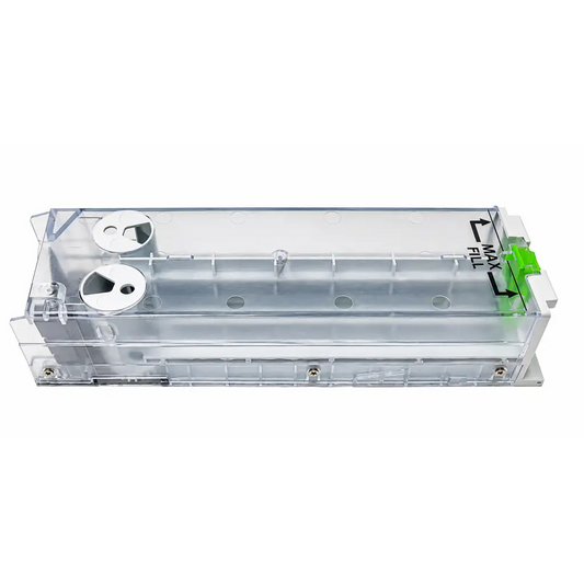 Omnicell 21-1021 rev a clear plastic vial cassette box with silver metal parts and green fill indicator