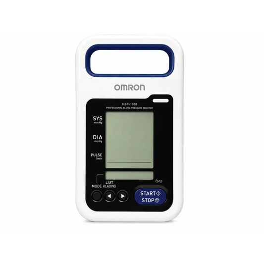 Omron HBP-1300 professional refurbished blood pressure monitor in white and blue with digital display for accurate pressure monitoring