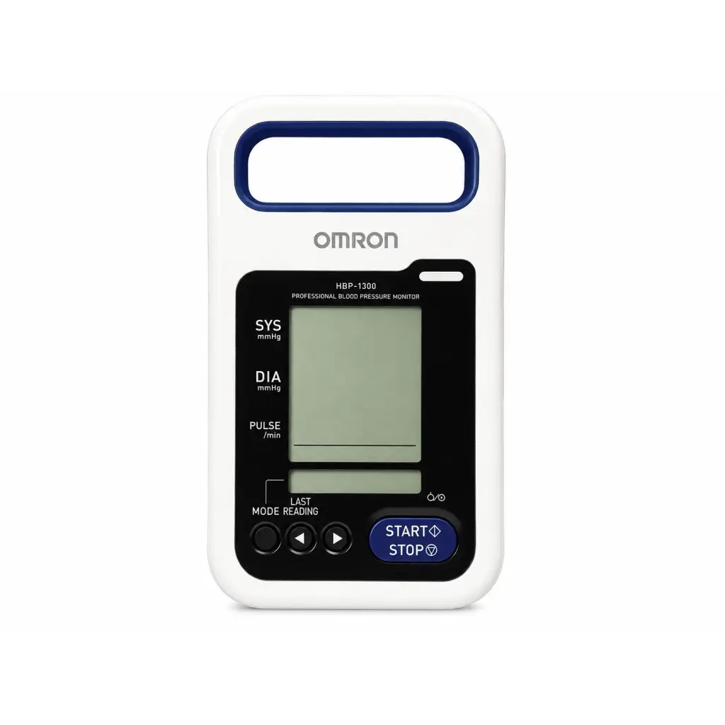 White and blue omron hbp-1300 professional blood pressure monitor with digital display for accurate readings and repair service