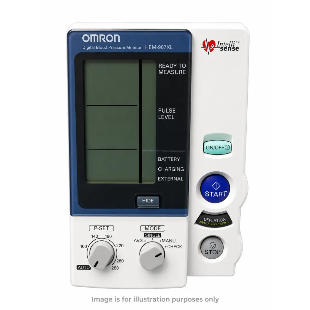 Omron HEM-907xl white and blue digital blood pressure monitor with clear display and multiple control buttons refurbished