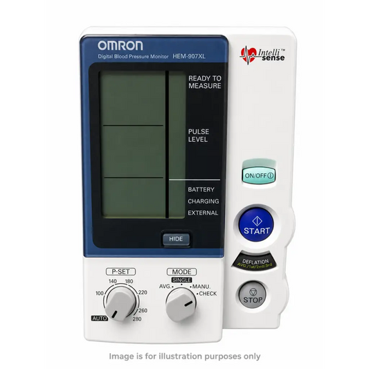 White and blue omron hem-907xl intellisense digital blood pressure monitor with clear display and control buttons for accurate readings