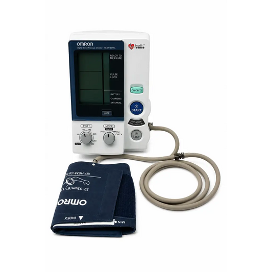 White and blue omron hem-8075l blood pressure monitor with navy blue inflatable cuff professional digital blood device