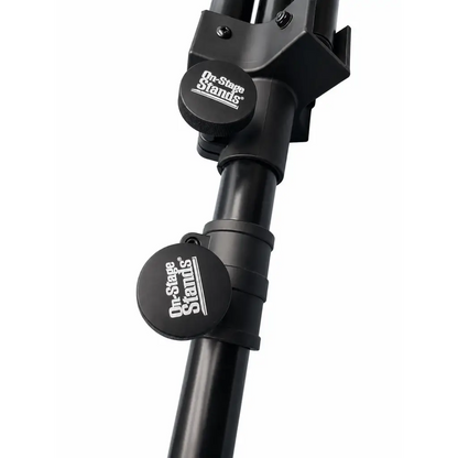 Black metal folding tripod speaker stand with on-stage stands branded adjustment knobs for secure height control