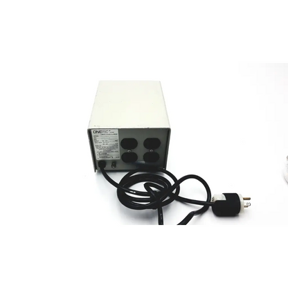 Back of off-white oneac md1103 four outlet power conditioner with four black outlets and coiled black cord plug