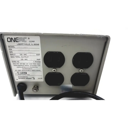 Gray metal oneac md1103 four outlet power conditioner with four black outlets for 120v 1 phase use