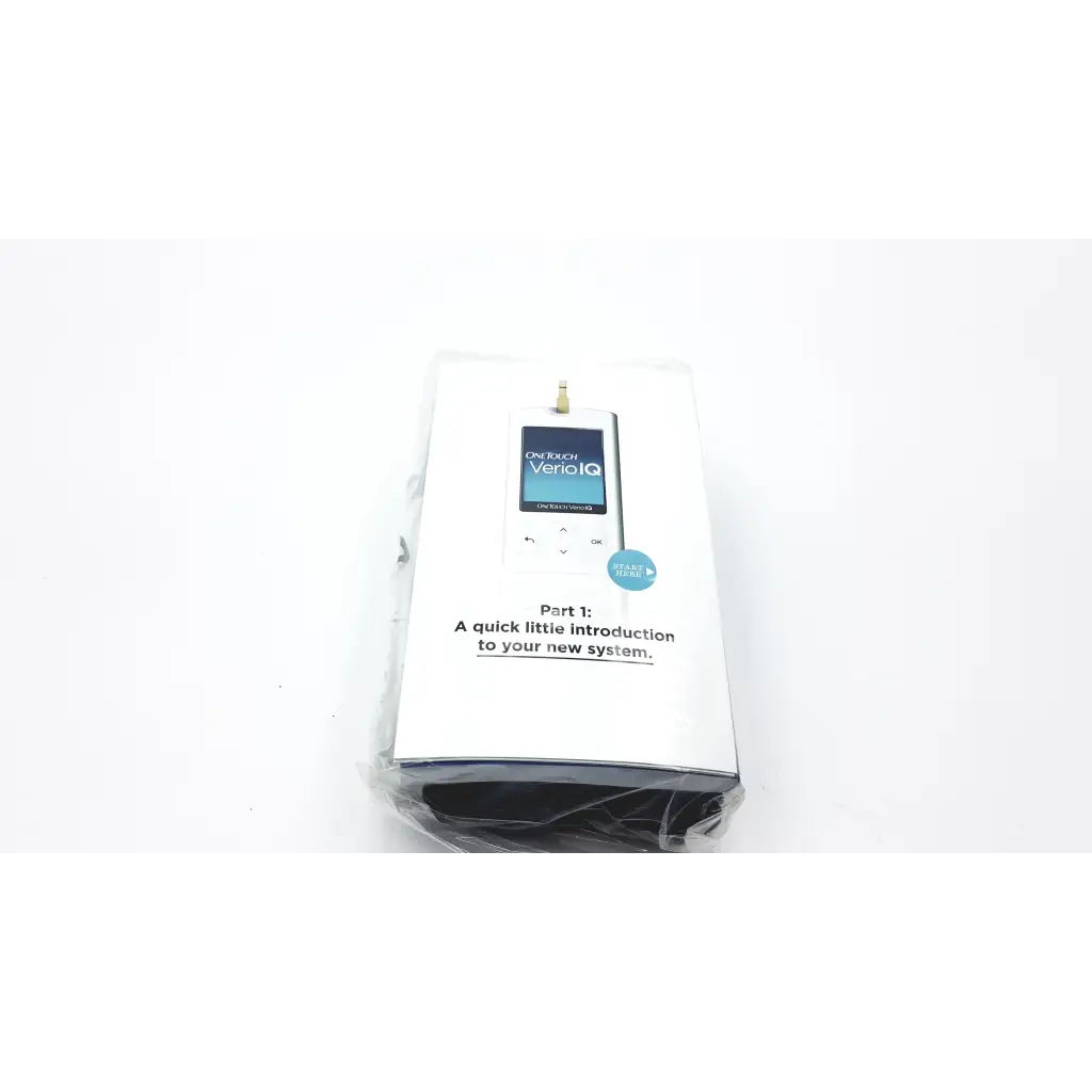 White plastic packaging for onetouch verio iq blood glucose monitoring system with printed verio iq blood branding and text