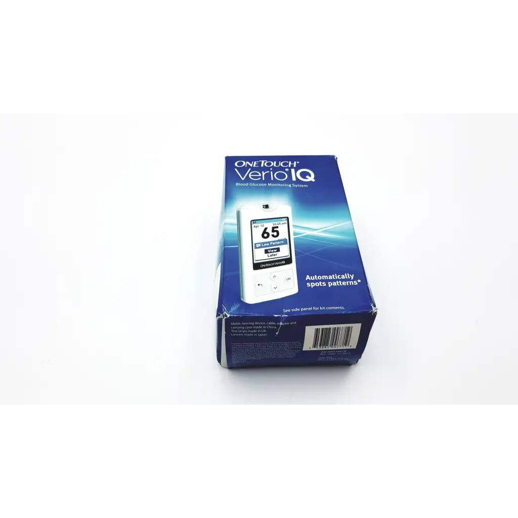 Blue box of onetouch verio iq blood glucose monitoring system featuring compact design for easy blood glucose monitoring