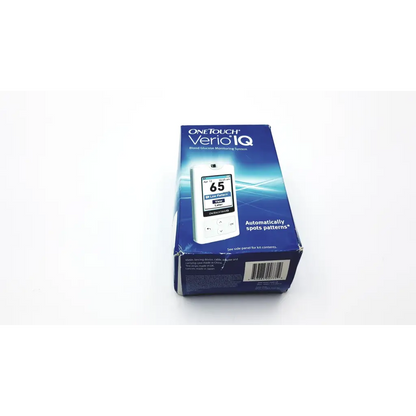 Blue box of onetouch verio iq blood glucose monitoring system featuring compact design for easy blood glucose monitoring