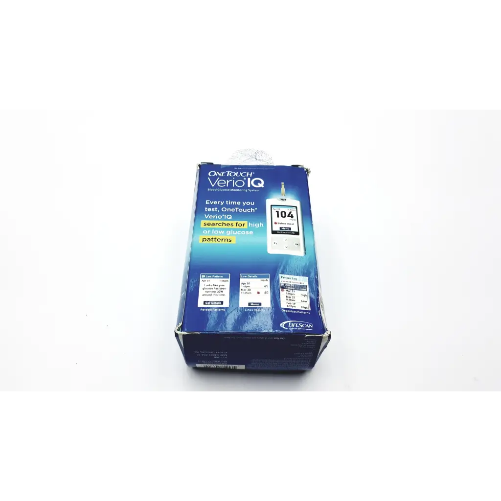 Blue and white onetouch verio iq blood glucose monitoring system box for accurate blood glucose monitoring at home