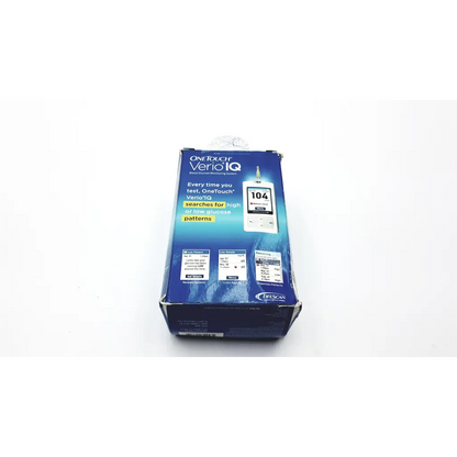 Blue and white onetouch verio iq blood glucose monitoring system box for accurate blood glucose monitoring at home