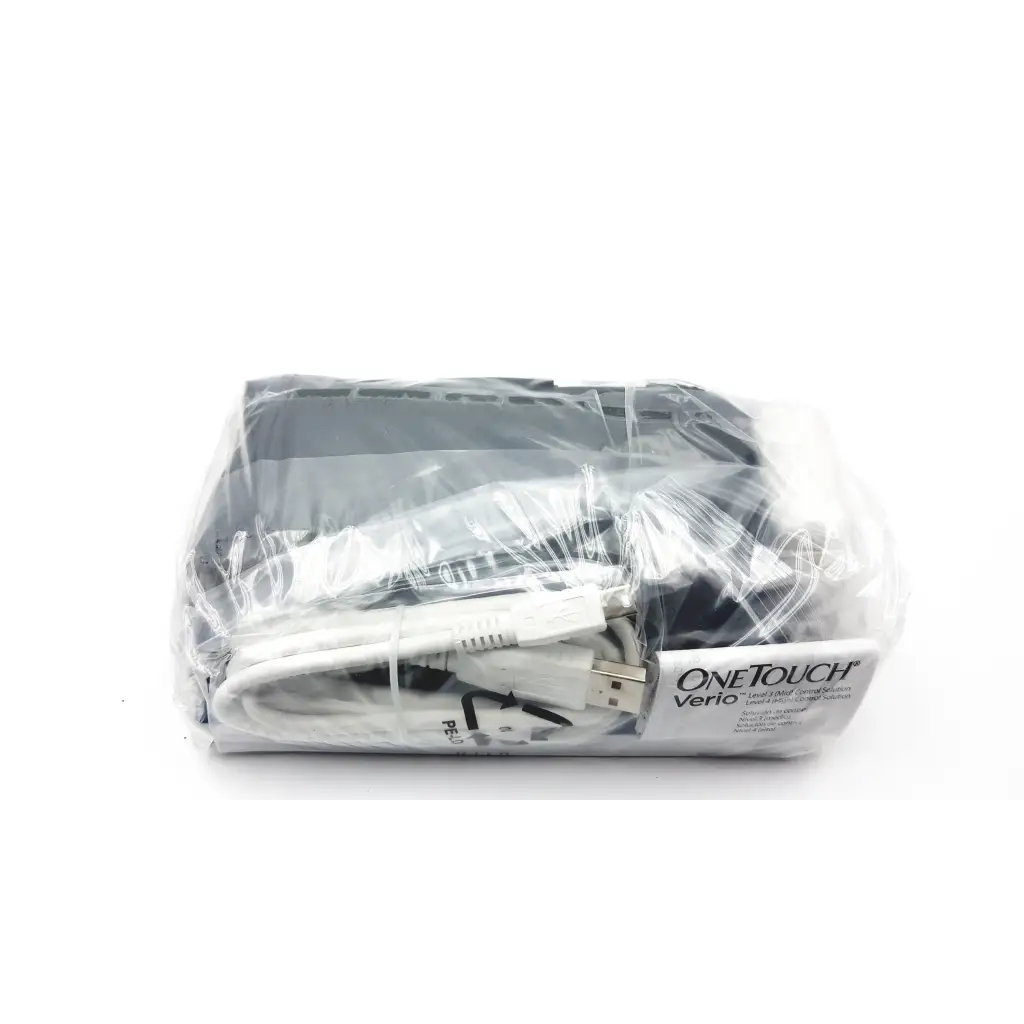 Onetouch verio iq blood glucose monitoring system with white usb cable and test strips in clear plastic packaging