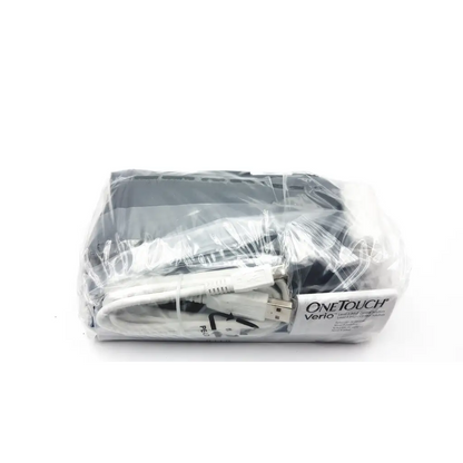 Onetouch verio iq blood glucose monitoring system with white usb cable and test strips in clear plastic packaging