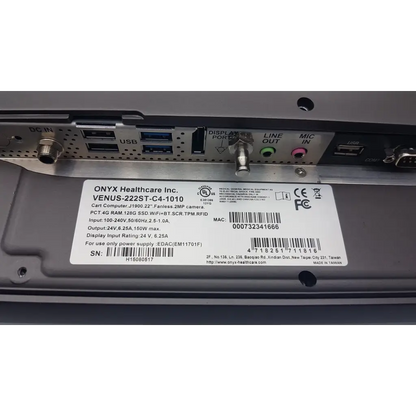 Silver onyx healthcare rfid venus-222st-c4-1010 monitor showing multiple ports and white technical specification label