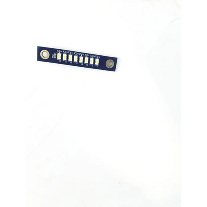 Blue led strip with eight white leds and two metal connectors on t005 circuit board for electronic applications