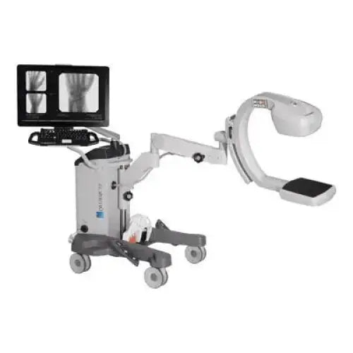 Orthoscan fd pulse mini c-arm gray and white mobile x-ray machine with monitor displaying radiographic images