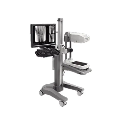 Silver orthoscan mobile di medical imaging workstation with monitor keyboard and scanner attachments visible