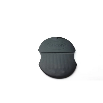 Black silicone mouse pad with subtle texture and alicon logo embossed for use with oticon t-cap mic hearing aids
