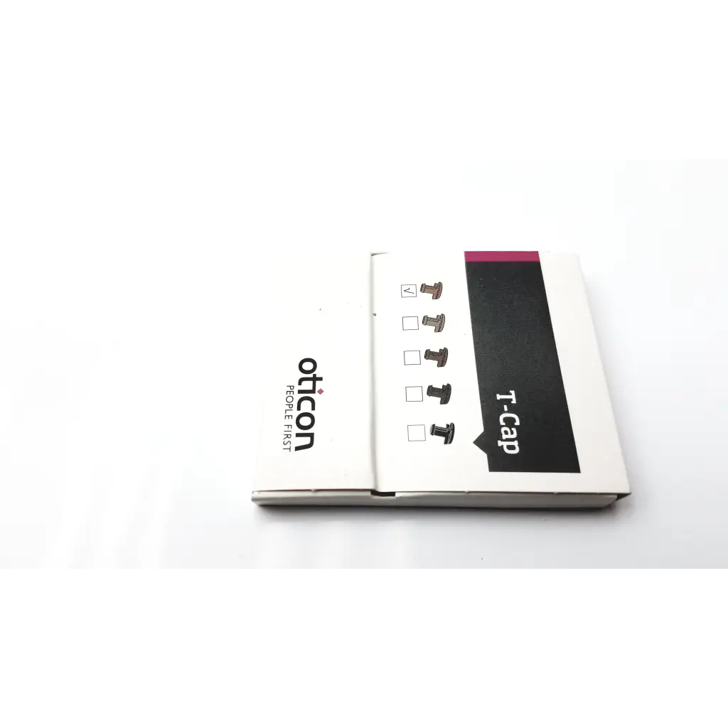 White cardboard packaging for oticon t-cap microphone cover for hearing aids in beige with black and magenta branding and illustrations