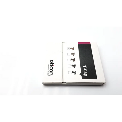 White cardboard packaging for oticon t-cap microphone cover for hearing aids in beige with black and magenta branding and illustrations