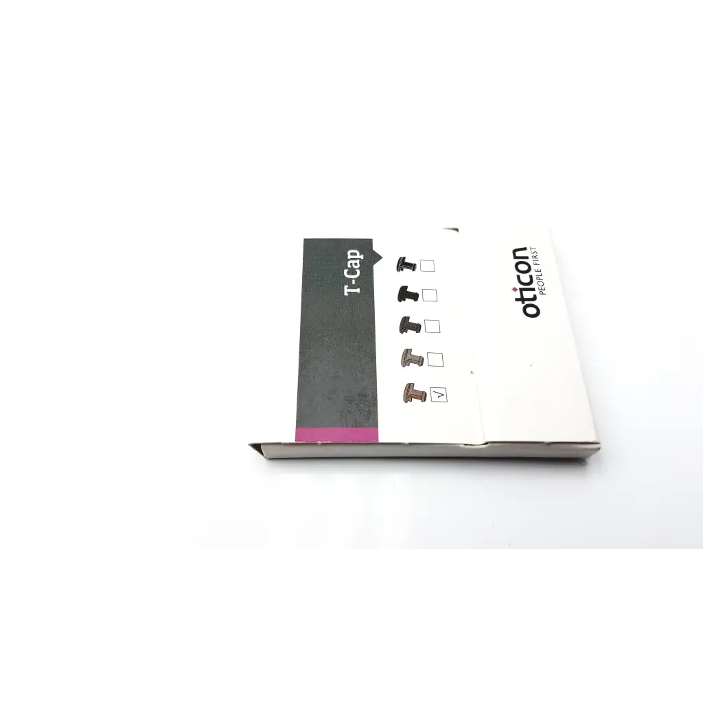 White cardboard package for oticon t-cap microphone cover in beige with black and pink label for hearing aids accessories