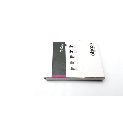 White cardboard package for oticon t-cap microphone cover in beige with black and pink label for hearing aids accessories