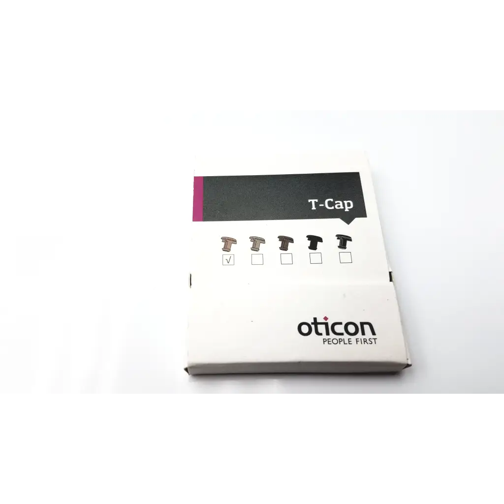 White cardboard package for oticon t-cap microphone cover hearing aid accessory beige with black and magenta label