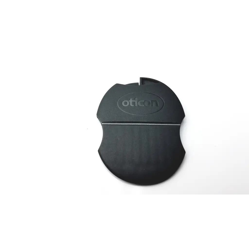 Black plastic oticon t-cap microphone cover for hearing aids with smooth rounded design and embossed logo