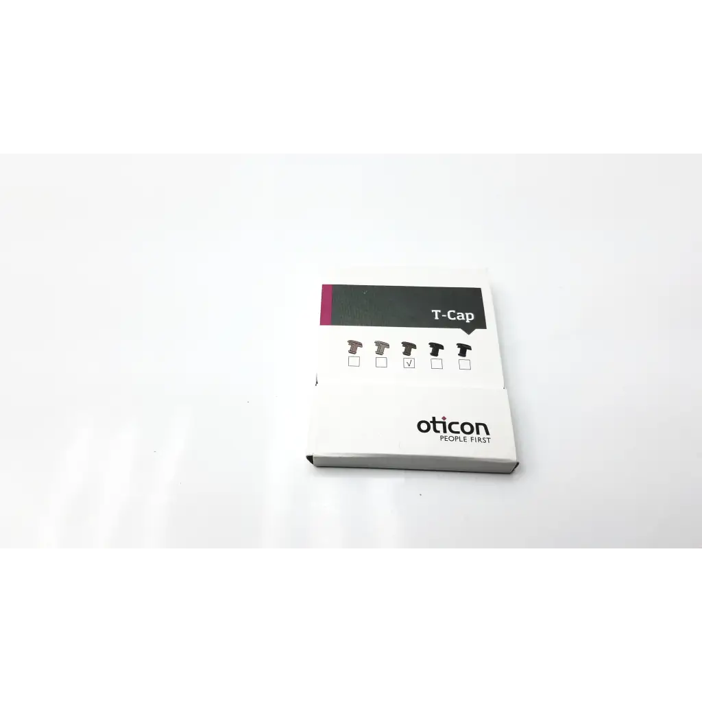 White rectangular oticon t-cap microphone cover with black and magenta accents for mid brown hearing aids