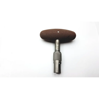 Brown wooden-handled t-handle tool p/n 100.311 31502 with metallic shaft and knurled grip for secure handling