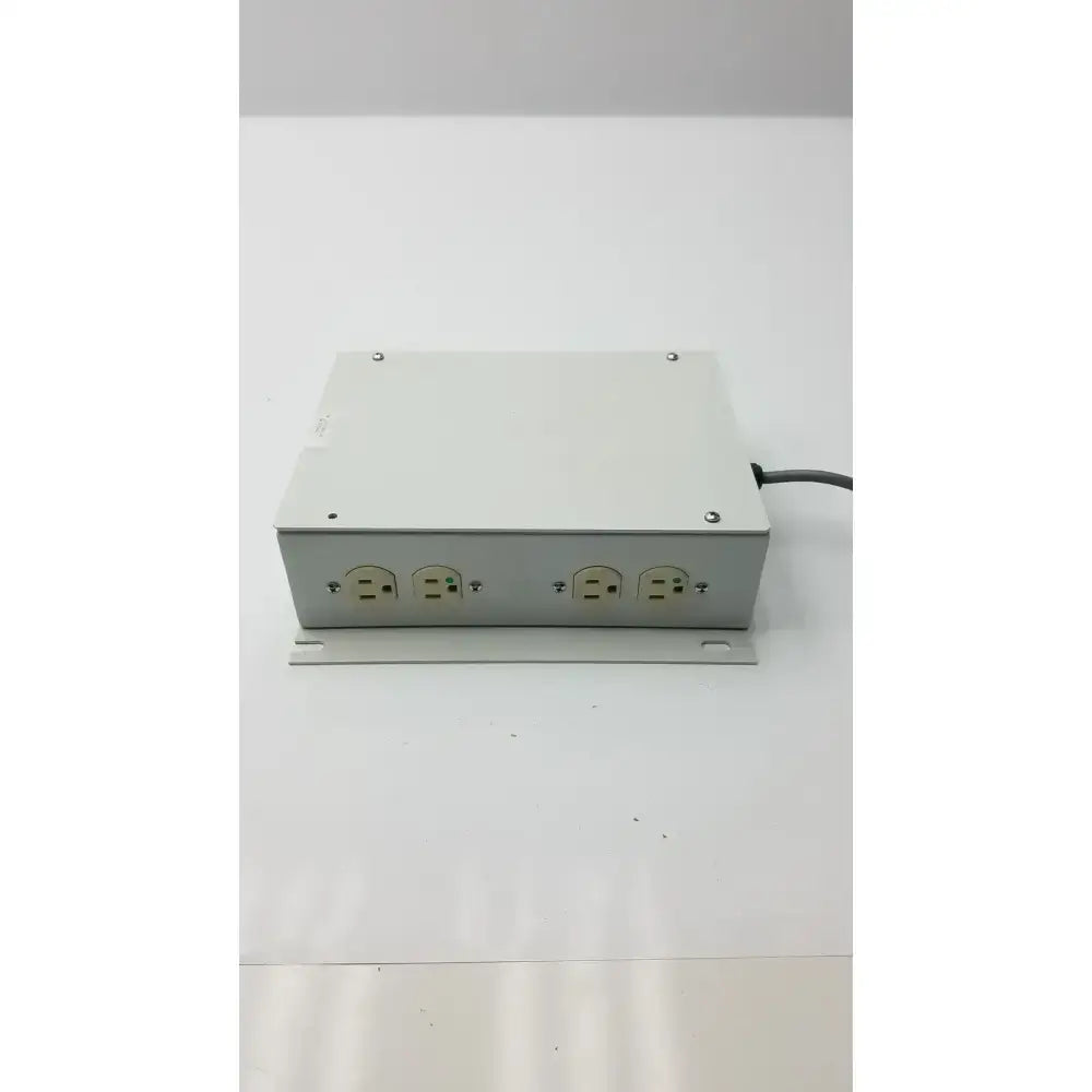 Gray metal isolation transformer offset controller with four electrical outlets and black cord part no 11970-0000-01